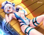  1girl adapted_costume armpits blue_bow blue_swimsuit blush bow breasts breasts_apart cellphone collarbone competition_swimsuit fate/grand_order fate_(series) hair_between_eyes hair_bow highleg highleg_swimsuit highres holding holding_phone long_hair medium_breasts mitsudomoe_(shape) multicolored multicolored_clothes multicolored_swimsuit navel one-piece_swimsuit patreon_username phone ponytail red_eyes shadow silver_hair smartphone smile solo striped striped_swimsuit swimsuit thigh_strap tomoe_(symbol) tomoe_gozen_(fate/grand_order) tomoe_gozen_(swimsuit_saber)_(fate) unzipped very_long_hair vilde_loh_hocen watermark web_address white_swimsuit wristband 