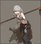  1girl bandaged_arm bandages border breasts bright_pupils bruise cleavage earrings fighting_stance gogalking grey_hair grey_pants grey_tank_top highres holding holding_staff holding_weapon injury jewelry large_breasts leaning_forward long_hair looking_at_viewer low-tied_long_hair midriff navel open_mouth pants pointy_ears red_eyes solo staff standing sweat tank_top tired waist_cape weapon white_border white_pupils 