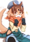  2020 5_fingers anthro black_clothing black_nose blue_clothing blush brown_body brown_fur brown_hair canid canine canis cheek_tuft clothed clothing cute_fangs domestic_dog ear_piercing facial_markings facial_tuft fingers fist fluffy fluffy_tail freddie_(gundam_build_divers_re:rise) fur gloves green_clothing gundam_build_divers_re:rise hair handwear happy hat head_markings headgear headwear hi_res horokusa0519 kemono looking_at_viewer male mammal markings multicolored_body multicolored_fur multicolored_tail neckerchief open_mouth orange_clothing piercing short_hair simple_background sitting smile solo tongue tuft white_background white_body white_fur yellow_clothing yellow_eyes 