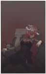  1girl absurdres black_dress bodystocking bright_pupils broken brown_legwear closed_mouth crown_of_thorns dress gogalking hair_over_one_eye highres long_hair looking_at_viewer one_eye_covered original pink_hair reclining red_eyes short_dress sitting solo thighhighs throne white_pupils 