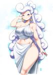  1girl arm_up breasts cloud_hair earrings jewelry kenron_toqueen large_breasts long_hair navel o-ring original sahne single_strap skindentation solo star_(symbol) star_earrings thick_thighs thighs very_long_hair white_eyes white_hair 
