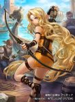  1girl arrow_(projectile) belt blonde_hair bow_(weapon) bridal_gauntlets brigid_(fire_emblem) closed_mouth dress fingerless_gloves fire_emblem fire_emblem:_genealogy_of_the_holy_war fire_emblem_cipher gloves headband holding holding_weapon long_hair ocean official_art outdoors pirate sandals ship sky solo thigh_strap thighs uroko_(mnr) very_long_hair water watercraft wavy_hair weapon yellow_eyes 