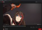  1girl animal_ears arknights asmr bear_ears blue_eyes brown_hair english_text exonessis fake_screenshot from_below frying_pan internet looking_at_viewer multicolored_hair parody red_hair rickroll sketch solo streaked_hair twitter_username watermark web_address youtube zima_(arknights) 