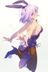  1girl animal_ears ass back bangs bare_shoulders breasts brown_legwear bunny_ears bunny_tail cis05 detached_collar fate/grand_order fate_(series) hair_over_one_eye highleg highleg_leotard jumping large_breasts legs leotard light_purple_hair looking_at_viewer looking_back mash_kyrielight open_mouth pantyhose playboy_bunny purple_eyes purple_leotard short_hair sideboob simple_background tail white_background wrist_cuffs 