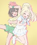  2girls :d ^_^ arm_up beanie black_hair blonde_hair blush braid brown_background closed_eyes colored_shadow drop_shadow front-tie_top green_shorts hair_bun hat lillie_(pokemon) long_hair multiple_girls nekono_rin open_mouth pleated_skirt pokemon pokemon_(game) pokemon_sm ponytail puffy_short_sleeves puffy_sleeves red_headwear selene_(pokemon) shadow shirt short_shorts short_sleeves shorts skirt smile tied_shirt white_shirt white_skirt yellow_shirt 