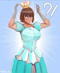  !? 1girl absurdres aestheticc-meme bob_cut brown_hair collarbone crystal dark_skin diamond_(gemstone) dress genderswap genderswap_(mtf) glitter gloves highres mario_(series) minecraft purple_eyes steve_(minecraft) super_crown super_mario_bros. 