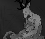  anthro beastars canid canine canis cervid clothed clothing duo eyes_closed fur hand_on_back hand_on_head hand_on_shoulder head_down head_on_chest hi_res hug legoshi_(beastars) louis_(beastars) lying male male/male mammal monochrome on_front on_lap romantic_couple shed smile spicedpopsicle topless topless_male underwear wolf 