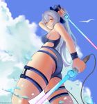  1girl artist_name ass blue_bow blue_sky blue_swimsuit blush bow breasts cloud competition_swimsuit dual_wielding energy_sword english_commentary fate/grand_order fate_(series) gemnuo_(eternalgem) hair_bow holding holding_sword holding_weapon long_hair looking_at_viewer looking_down medium_breasts one-piece_swimsuit ponytail red_eyes silver_hair sky smile solo swimsuit sword thigh_strap tomoe_gozen_(fate/grand_order) tomoe_gozen_(swimsuit_saber)_(fate) water weapon wristband 