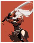  1girl armor blue_eyes border floating_hair gogalking grey_hair hands_up highres holding holding_sword holding_weapon mask monster_hunter monster_hunter:_world mouth_mask odogaron_(armor) ponytail red_background shoulder_armor side_slit simple_background solo spaulders sword two-handed vambraces waist_cape weapon white_border 