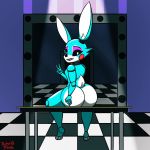  1:1 ambiguous_gender animatronic anthro big_butt black_sclera blue_body butt female five_nights_at_freddy&#039;s five_nights_at_freddy&#039;s_2 gesture huge_butt lagomorph leporid looking_at_viewer machine male mammal nude rabbit retr0foxx robot solo toy_bonnie_(fnaf) v_sign video_games 