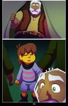  absolutedream beard clothed clothing comic dialogue facial_hair fan_character forest green_clothing group hair hi_res human human_only loose_feather male mammal not_furry old_man pattern_clothing protagonist_(undertale) robe striped_clothing stripes tent text tree undertale video_games white_beard 