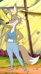  anthro blinky_bill_(series) breasts canid canine canis clothed clothing daisy_dingo digital_media_(artwork) dingo dipstick_tail dragonboy618 female footwear hands_on_hips hi_res high_heels mammal multicolored_tail plantigrade shirt shoes simple_background smile solo tied_shirt topwear 
