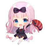  1girl :d arm_up artist_name bangs black_bow black_dress blue_eyes blunt_bangs blush bow chibi collared_dress dress eyebrows_visible_through_hair fujiwara_chika full_body hair_bow heart holding kaguya-sama_wa_kokurasetai_~tensai-tachi_no_renai_zunousen~ kneehighs long_hair long_sleeves looking_at_viewer neck_ribbon open_mouth outstretched_arm pink_hair red_ribbon ribbon shouu-kun simple_background smile solo white_background white_legwear 