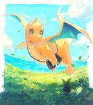  bag claws cloud commentary_request day dragonite flower flying gen_1_pokemon grass highres looking_at_another nagakura_(seven_walkers) no_humans oddish outdoors pokemon shoulder_bag sky wings 