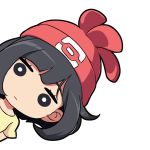  1girl bangs beanie black_eyes black_hair gotcha! hat looking_at_viewer nekono_rin peeking_out pokemon pokemon_(game) pokemon_sm red_headwear selene_(pokemon) shirt short_sleeves simple_background solo upper_body white_background yellow_shirt 