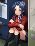  1girl angdo_(kakajo26) bangs black_legwear black_ribbon blue_hair blue_skirt blush breasts closed_mouth commentary_request crossed_arms feet_out_of_frame highres jacket kawashima_ami kneehighs legs_together long_hair long_sleeves looking_at_viewer miniskirt neck_ribbon oohashi_high_school_uniform parted_bangs pleated_skirt purple_eyes red_jacket ribbon school_uniform shirt sitting skirt solo toradora! vending_machine white_shirt 