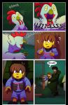  absolutedream avian clothing cockatrice comic dialogue european_mythology fan_character female forest green_clothing hair hi_res holding_person human male mammal mythological_avian mythology pattern_clothing protagonist_(undertale) robe scalie striped_clothing stripes text tree undertale video_games 