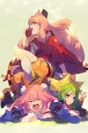 4girls ahoge animal_costume animal_ear_fluff animal_ears animal_print atalanta_(alter)_(fate) atalanta_(fate) bangs bare_shoulders black_headwear blonde_hair blue_kimono blush breasts cat_ears cis05 closed_eyes fate/apocrypha fate/extra fate/extra_ccc fate/extra_ccc_fox_tail fate/grand_order fate_(series) fox_ears fox_girl fox_tail green_eyes green_hair hair_between_eyes hakama hat jaguarman_(fate/grand_order) japanese_clothes kimono large_breasts long_hair lying medium_breasts multicolored_hair multiple_girls on_stomach open_clothes open_kimono open_mouth orange_hair pink_hair red_hakama red_kimono sidelocks sitting sitting_on_person suzuka_gozen_(fate) tail tamamo_(fate)_(all) tamamo_no_mae_(fate) tiger_costume tiger_print twintails wide_sleeves yellow_eyes 