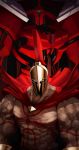  1boy abs arm_tattoo biceps c-potato cape cloak commentary_request crack damaged eyes_in_shadow fate/grand_order fate_(series) helm helmet highres leonidas_(fate/grand_order) looking_at_viewer manly mecha muscle pectorals plume red_cape red_cloak red_theme robot shaded_face solo tagme tattoo upper_body veins white_eyes 