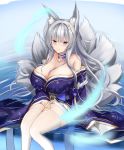  1girl absurdres animal_ear_fluff animal_ears azur_lane blue_collar blue_eyes blue_kimono breasts collar detached_collar feet_out_of_frame fox_ears fox_girl hair_ornament highres huge_breasts japanese_clothes kimono kitsune kyuubi large_tail looking_at_viewer micchamu multiple_tails off-shoulder_kimono off_shoulder shinano_(azur_lane) silver_hair sitting skindentation tail thighhighs water white_legwear white_tail wide_sleeves 