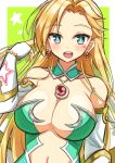  1girl :d absurdres blonde_hair blue_eyes blush breasts calamity_jane_(fate/grand_order) cleavage earrings elbow_gloves facial_tattoo fate/grand_order fate_(series) fingerless_gloves frozen_yakan gloves green_background highres jewelry large_breasts long_hair looking_at_viewer open_mouth simple_background smile solo star_(symbol) star_tattoo tattoo upper_body white_gloves 