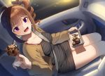  1girl :d ahoge bangs between_breasts black_dress black_ribbon blurry blurry_background bracelet breasts brown_cardigan brown_hair car_interior cardigan depth_of_field dress drill_hair dutch_angle eyebrows_visible_through_hair food hair_ribbon holding holding_food idolmaster idolmaster_million_live! jewelry kamille_(vcx68) long_sleeves looking_at_viewer medium_breasts offering open_mouth pencil_dress purple_eyes ribbon seatbelt short_dress short_hair side_drill side_ponytail sitting smile solo spaghetti_strap striped striped_dress takoyaki yokoyama_nao 