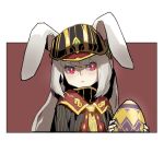  1girl animal_ears blush border bright_pupils bunny_ears closed_mouth dress easter_egg egg gogalking hat highres leah_(sdorica) looking_at_viewer pink_eyes red_background red_eyes sdorica simple_background solo white_border white_pupils 