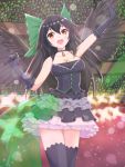 1girl :d absurdres bird_wings black_dress black_gloves black_hair black_legwear black_wings blush breasts choker cleavage collarbone commentary_request dress gloves highres holding holding_microphone idol large_breasts long_hair looking_at_viewer microphone music o1118 open_mouth red_eyes reiuji_utsuho short_dress singing sleeveless sleeveless_dress smile solo stadium thighhighs third_eye touhou wings 
