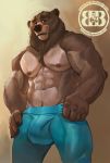  2020 abs anthro biceps bottomwear brown_body brown_eyes brown_fur bruteandbrawn bulge chest_fur chest_tuft claws clothed clothing fur hi_res looking_away male mammal muscular muscular_anthro muscular_male nipples pecs pinup portrait pose pubes solo standing three-quarter_portrait topless triceps tuft undressing ursid 