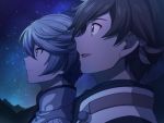  2boys bangs brown_hair closed_mouth commentary_request eyebrows_visible_through_hair green_eyes hair_between_eyes highres male_focus mikleo_(tales) mountain multiple_boys night night_sky open_mouth outdoors profile purple_eyes sayshownen short_hair silver_hair sky smile sorey_(tales) star_(sky) starry_sky tales_of_(series) tales_of_zestiria twitter_username upper_body watermark 