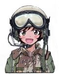  1girl :d akiyama_yukari artist_name bangs brown_jacket camouflage character_name commentary_request cropped_torso girls_und_panzer goggles goggles_on_headwear green_headwear gulf_war headset helmet jacket looking_at_viewer military military_uniform military_vehicle nakamura_3sou name_tag open_mouth operation_desert_storm short_hair simple_background smile solo sss uniform united_states_marine_corps upper_body white_background woodland_camouflage 