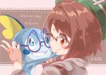  1girl bespectacled blush bob_cut brown_eyes brown_hair cardigan commentary_request copyright_name fingernails gen_8_pokemon glasses glasses_day gloria_(pokemon) green_headwear grey_cardigan hat holding holding_eyewear hooded_cardigan one_eye_closed pokemon pokemon_(creature) pokemon_(game) pokemon_swsh semi-rimless_eyewear short_hair sobble tam_o&#039;_shanter yuuzii 