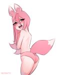  2020 absurd_res anthro brand_new_animal butt canid canine clothed clothing female fluffy fox fur hair hi_res long_hair looking_at_viewer mammal nazuna_hiwatashi nepentz open_mouth open_smile pink_body pink_fur pink_hair portrait simple_background smile solo studio_trigger three-quarter_portrait topless white_background white_body white_fur 