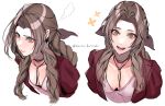 1girl aerith_gainsborough braid breasts brown_hair cleavage closed_mouth collarbone face final_fantasy final_fantasy_vii final_fantasy_vii_remake green_eyes highres jewelry long_hair necklace open_mouth reckless_dog simple_background sketch smile solo twitter_username upper_body white_background 