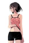  1girl absurdres black_shorts breasts brown_eyes brown_hair closed_mouth hand_under_clothes highres kantai_collection medium_breasts navel orange_tank_top profile sendai_(kantai_collection) short_hair shorts simple_background solo t.k.o tank_top white_background 
