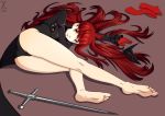  1girl absurdres alternate_hairstyle barefoot black_jacket black_leotard breasts feet gloves highres jacket leotard long_hair looking_at_viewer lying on_side persona persona_5 persona_5_the_royal rapier red_eyes red_gloves red_hair signature solo sword thighs very_long_hair weapon x_xith_x yoshizawa_kasumi 