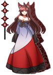  1girl animal_ears breasts brooch brown_hair cleavage commentary_request double_dealing_character dress hoshi imaizumi_kagerou jewelry large_breasts long_hair long_sleeves looking_at_viewer off-shoulder_dress off_shoulder red_eyes smile solo touhou white_dress wolf_ears 