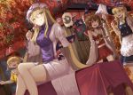  4girls absurdres animal_ears animal_print autumn autumn_leaves bangs black_headwear blonde_hair blush bow brown_headwear bunny_ears bunny_print closed_eyes crescent_print crossed_legs dango detached_sleeves dress dutch_angle ears_down eyes food food_theft frilled_bow frills gap_(touhou) hair_between_eyes hair_bow hakurei_reimu hat hat_ribbon highres huge_filesize kirisame_marisa long_sleeves looking_at_another looking_at_object looking_at_viewer looking_down medium_hair midriff moon_print mugicho_(kdks5554) multiple_girls outdoors pleated_skirt red_bow red_eyes red_shirt red_skirt ribbon ribbon-trimmed_sleeves ribbon_trim ringo_(touhou) shirt short_dress short_hair short_sleeves sitting skirt sleeveless sleeveless_shirt standing star_(symbol) star_print surprised tabard tongue tongue_out touhou touhou_lost_word tree wagashi walking white_dress white_headwear white_sleeves witch_hat yakumo_yukari yellow_eyes 