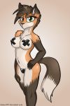  2:3 anthro better_version_at_source breasts brown_body brown_fur brown_hair canid canine covering covering_breasts covering_crotch covering_pussy drako1997 female fluffy fluffy_tail fox fur green_eyes hair hi_res mammal multicolored_body multicolored_fur nipple_outline nipple_tape orange_body orange_fur pasties pussy_tape simple_background solo tape white_body white_fur 