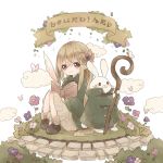  1girl blonde_hair book brown_eyes bug bunny butterfly chibi cloud fantasy flower grass hair_ornament highres holding holding_staff insect long_hair original quill robe sitting staff tukimisou0225 very_long_hair white_background wide_sleeves 