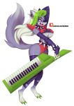  absurd_res anthro breasts camel_toe canid canine canis claws clothing eyelashes female fingers five_nights_at_freddy&#039;s five_nights_at_freddy&#039;s:_security_breach green_claws green_hair grey_body guitar hair hi_res highlights_(coloring) keyboard_instrument lipstick makeup mammal musical_instrument norithecat patreon piano plucked_string_instrument roxanne_wolf_(fnaf) solo standing string_instrument toe_claws tongue tongue_out torn_clothing video_games white_hair wolf 