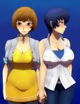  2girls absurdres alternate_costume blue_eyes blue_hair blush brown_eyes brown_hair commission commissioner_upload highres holding_hands m-a-v-e-r-i-c-k multiple_girls persona persona_4 satonaka_chie shirogane_naoto short_hair yuri 