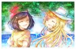  2girls :d bangs blonde_hair blue_ribbon blunt_bangs border braid brown_hair closed_eyes day facing_viewer floating_hair from_behind hat hat_ribbon highres lillie_(pokemon) long_hair multiple_girls open_mouth outdoors outside_border pokemon pokemon_(game) pokemon_sm red_headwear ribbon selene_(pokemon) shiny shiny_hair shirt short_hair short_sleeves sleeveless sleeveless_shirt smile summer swept_bangs upper_body white_border white_headwear white_shirt yellow_shirt yomogi_(black-elf) 