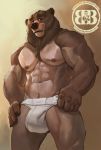 2020 abs anthro biceps brown_body brown_eyes brown_fur bruteandbrawn bulge chest_fur chest_tuft claws clothed clothing fur hi_res jockstrap looking_away male mammal muscular muscular_anthro muscular_male nipples pecs pinup portrait pose pubes solo standing three-quarter_portrait triceps tuft underwear undressing ursid 