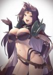  1girl armor bangs belt bikini breasts cape circlet cleavage hair_intakes highleg highleg_bikini highres itaco large_breasts long_hair looking_at_viewer naga_the_serpent navel open_mouth pauldrons purple_bikini purple_eyes purple_hair revealing_clothes shoulder_armor shoulder_spikes skull_necklace slayers smile spikes swimsuit thighs 