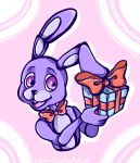  2019 animatronic black_nose bonnie_(fnaf) bow buckteeth eyebrows fingers five_nights_at_freddy&#039;s gift hi_res holding_object lagomorph leporid long_ears machine male mammal marshalltrap open_mouth open_smile pink_background pink_eyes purple_body rabbit robot signature simple_background smile solo teeth tongue video_games 