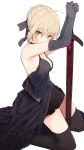  1girl armpits artoria_pendragon_(all) bare_shoulders black_dress black_ribbon blonde_hair braid breasts dress elbow_gloves excalibur_morgan fate/grand_order fate/stay_night fate_(series) french_braid from_side gloves highres kneeling looking_at_viewer medium_breasts mieharu planted_weapon ribbon saber_alter solo thighhighs weapon white_background yellow_eyes 