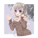  1girl blue_eyes border brown_sweater charlotte_(anime) commentary_request cropped_torso earphones highres long_hair looking_at_viewer puya silver_hair smile solo sweater tomori_nao two_side_up upper_body waving white_border 