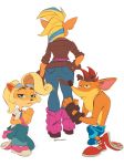  activision anthro bandicoot big_butt blonde_hair bottomwear bracelet brown_clothing brown_footwear brown_jacket brown_shoes brown_topwear butt clothed clothing coco_bandicoot crash_bandicoot crash_bandicoot_(series) cutoffs denim denim_clothing eyebrows female fingerless_gloves footwear gloves green_eyes group hair hand_on_hip hands_together handwear hi_res highlights_(coloring) jacket jeans jewelry kneeling leg_warmers legwear looking_at_viewer looking_away male mammal marsupial nitroneato pants pink_clothing pink_footwear pink_shoes pirate_tawna pose praying red_clothing red_footwear red_hair red_shoes shoes shorts sneakers tawna_bandicoot thick_eyebrows topless topwear video_games wide_hips 