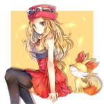  1girl black_legwear blonde_hair blue_eyes border breasts closed_eyes closed_mouth eyewear_on_headwear fang fang_out fennekin from_side gen_6_pokemon grey_shirt hat high-waist_skirt highres invisible_chair long_hair looking_back low-tied_long_hair medium_breasts miniskirt outside_border pleated_skirt pokemon pokemon_(creature) pokemon_(game) pokemon_xy red_headwear red_skirt serena_(pokemon) shiny shiny_hair shirt sitting skirt sleeveless sleeveless_shirt smile solo starter_pokemon sunglasses thighhighs very_long_hair white-framed_eyewear white_border yellow_background yomogi_(black-elf) zettai_ryouiki 